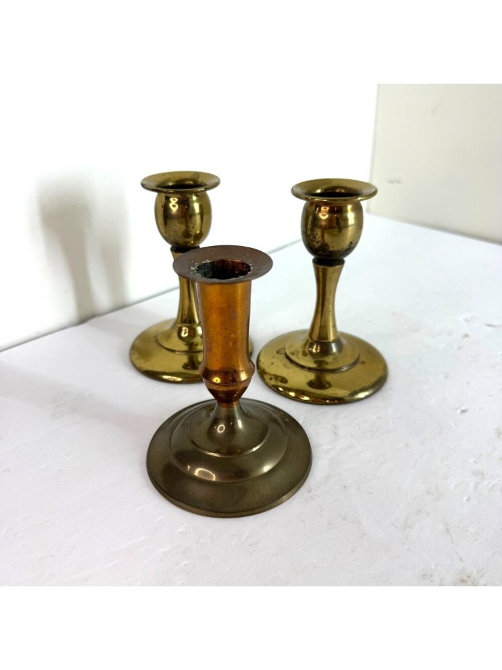 Vintage Brass Candlestick Holders Set of 3 Mixed Brass India Mid-Century Style
